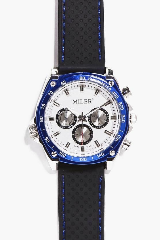 Blue Metallic Faced Watch With Black Straps